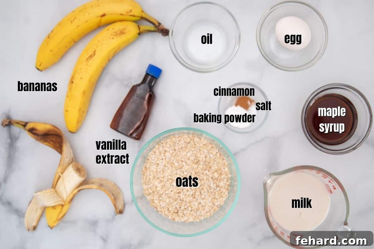 All the necessary ingredients for baked banana oatmeal, neatly arranged on a clean kitchen counter, perfectly prepared for the baking process.