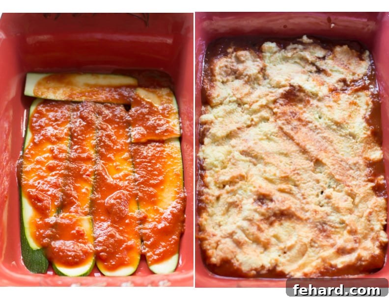 Layering Zucchini, Ricotta, and Tomato Sauce in a Casserole Set of two photos illustrating the layering process: zucchini slices with sauce, then covered with the ricotta mixture.