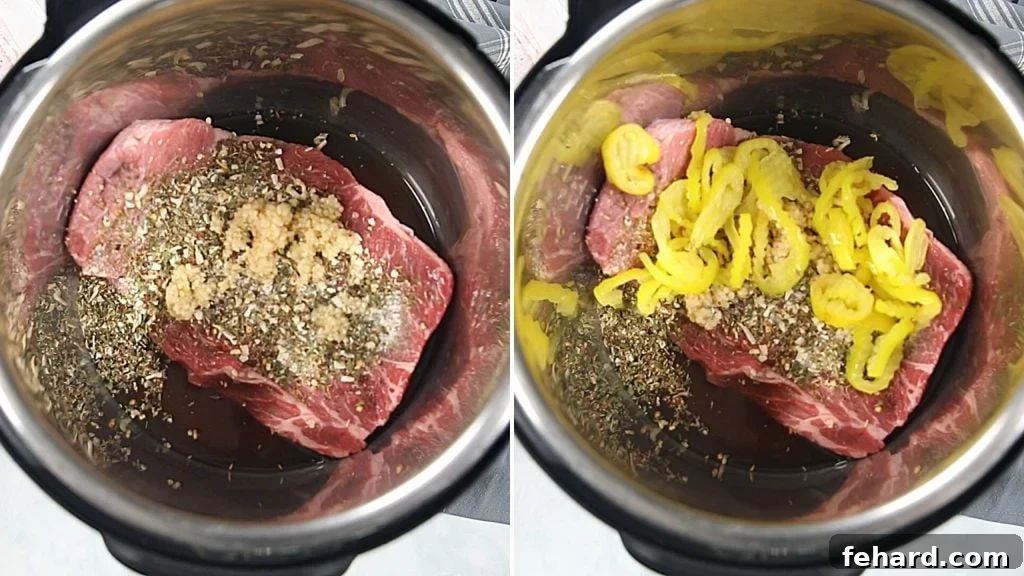 Instant Pot Italian Beef Prep Side-by-side view of Instant Pot inner pot filled with Italian Beef ingredients before and after cooking.
