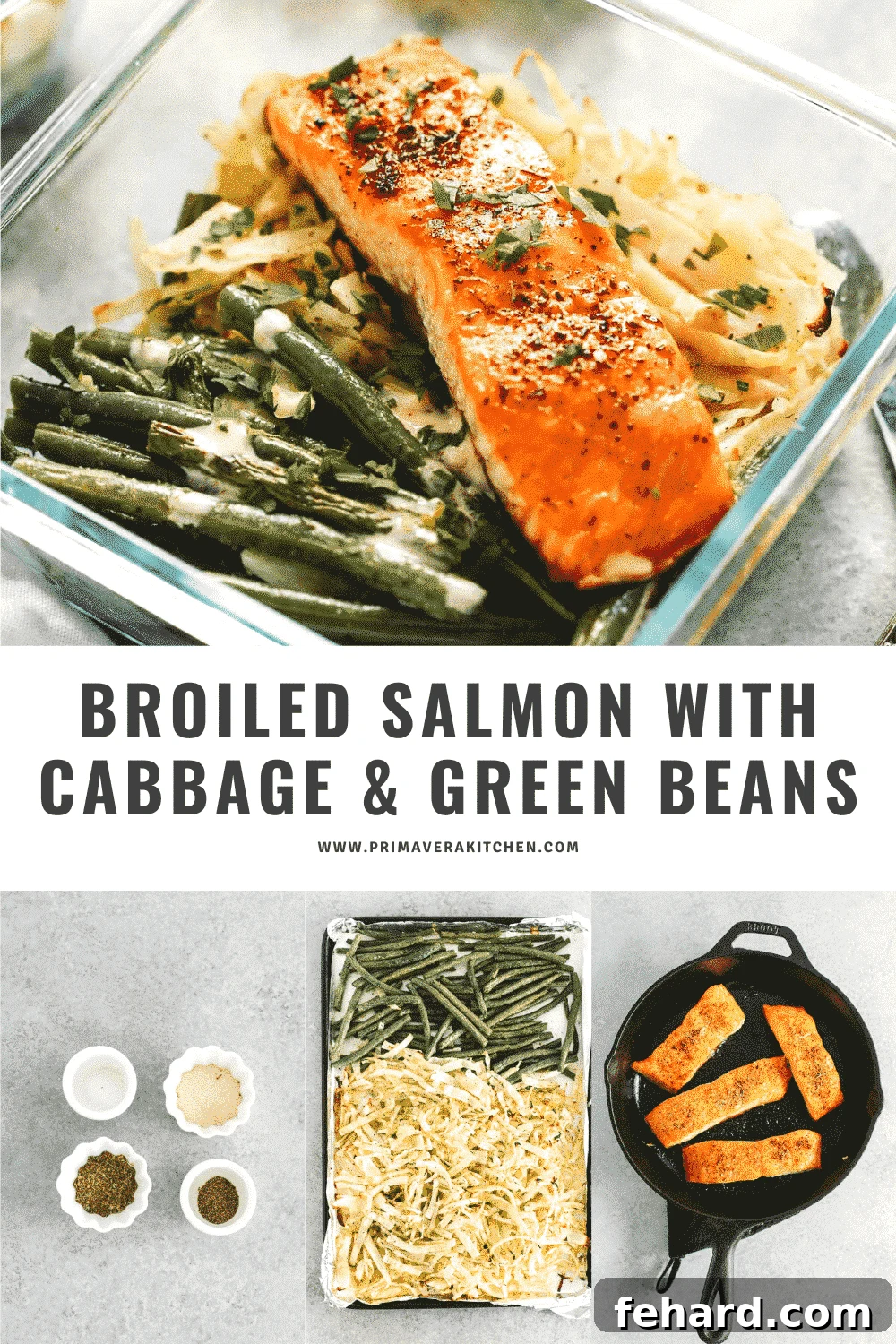 Titled photo collage showing a broiled salmon recipe with cabbage and green beans in various stages of preparation and serving.