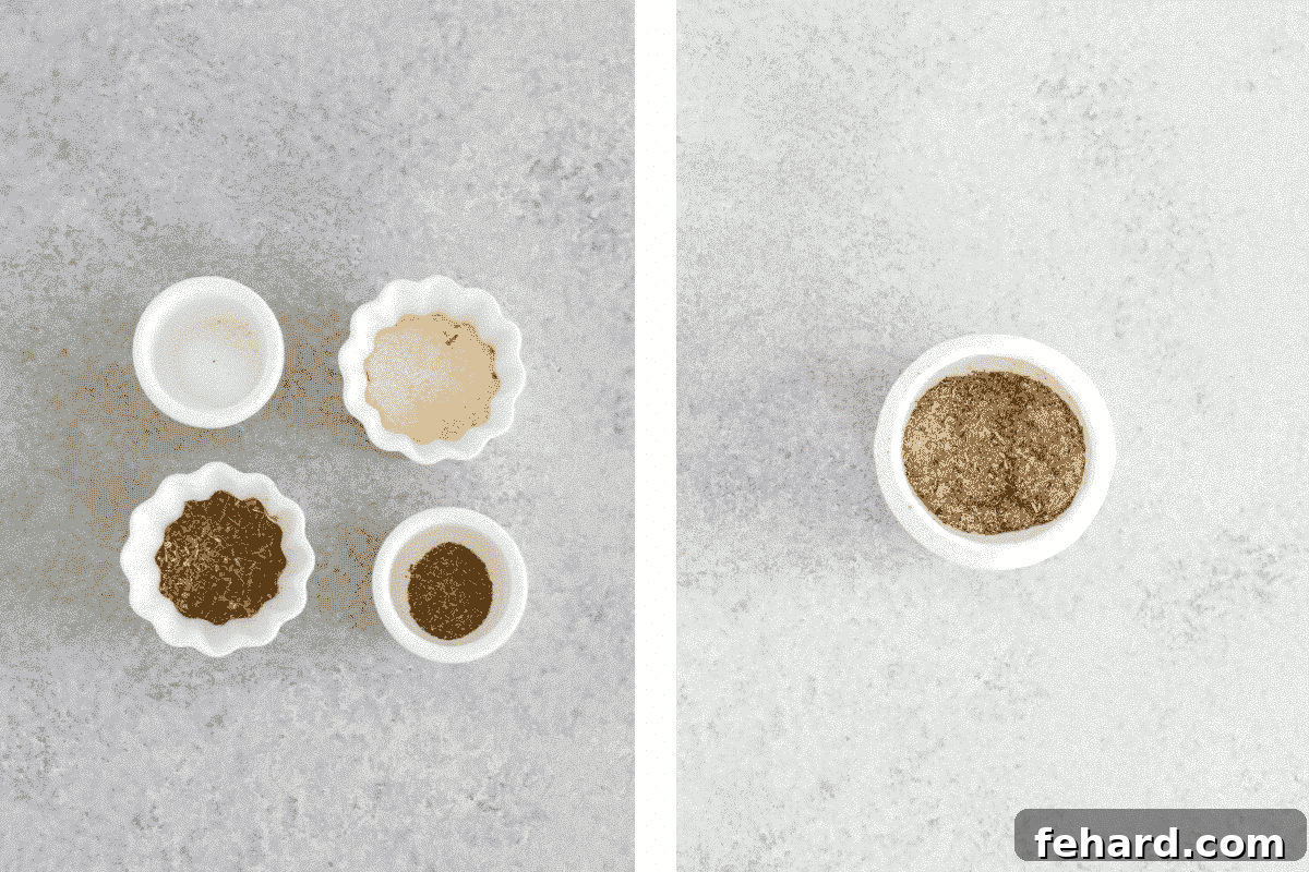 A selection of seasonings including onion powder, Italian seasoning, black pepper, and salt, ready for the broiled salmon recipe.