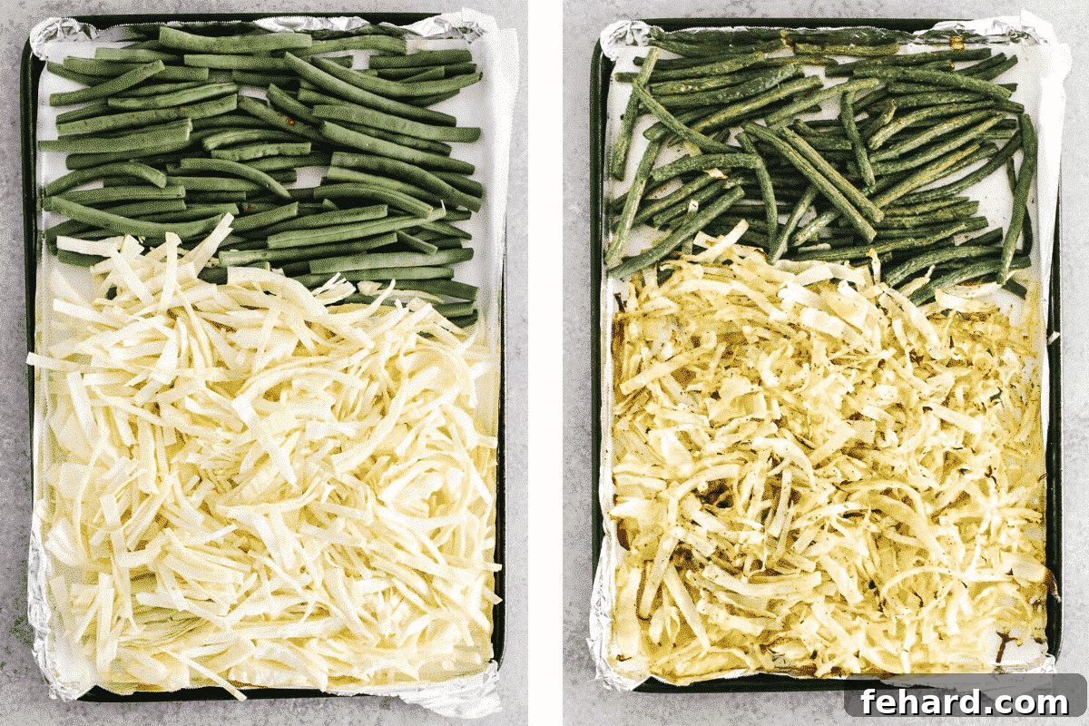 Shredded cabbage and fresh green beans spread evenly on a baking sheet, seasoned and ready for roasting.