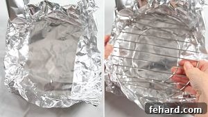 Side by side picture of forming foil boat around rack for instant pot