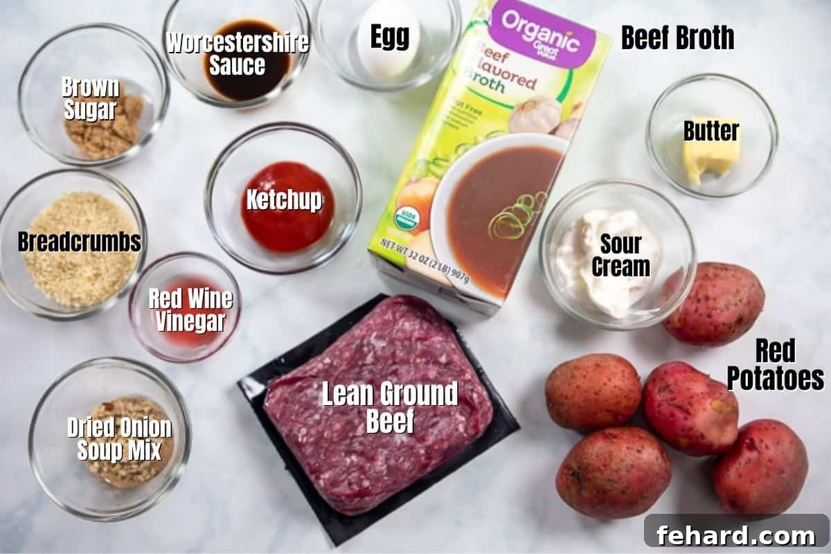 Ingredients for IP Meatloaf and Mashed Potatoes Labeled on counter.