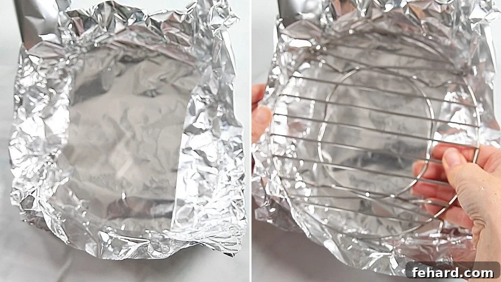 Side by side picture of forming foil boat around rack for instant pot
