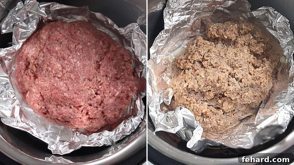 Side by side photo of raw and cooked meatloaf in instant pot.