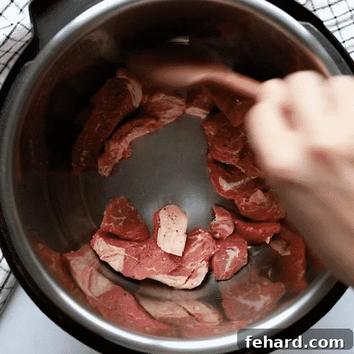 overhead view of instant pot containing sautéed sirloin steak