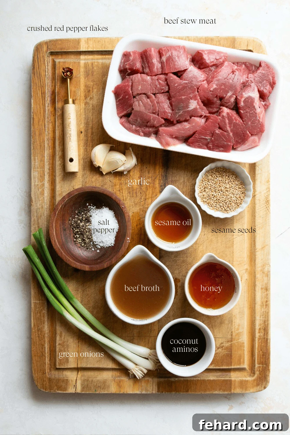 Fast and Flavorful Instant Pot Korean Beef 3 Ingredients on a cutting board to make Korean Beef.