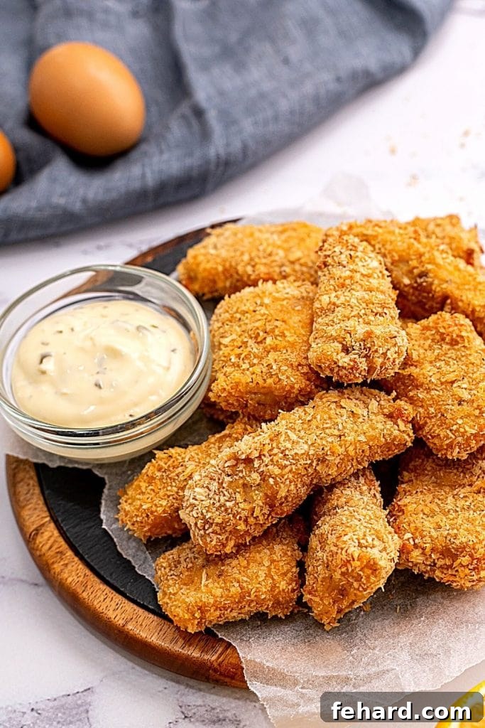 Baked fish sticks on a platter with tartar sauce.