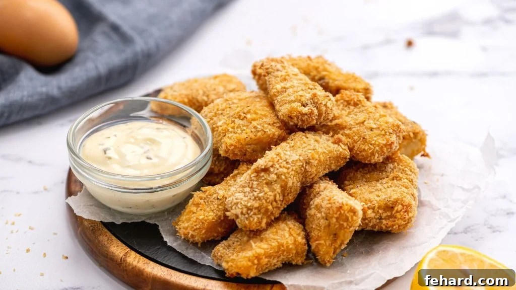 Baked fish sticks on platter with homemade tartar sauce.