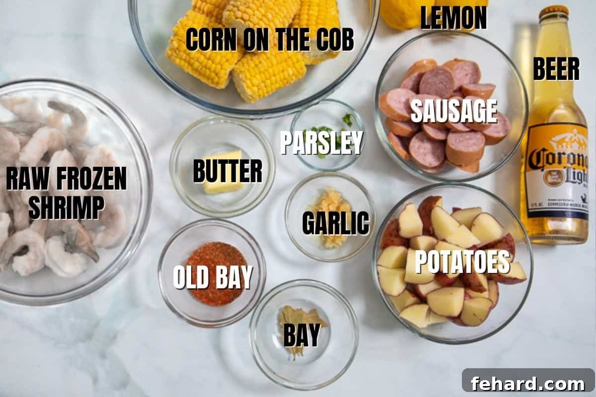 Ingredient for Instant Pot Shrimp Boil labeled on white counter.