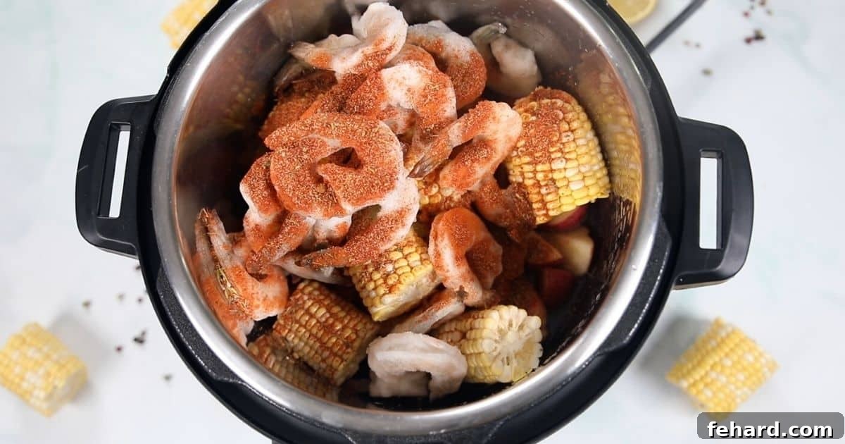 Shrimp, potatoes, corn, in instant pot. 
