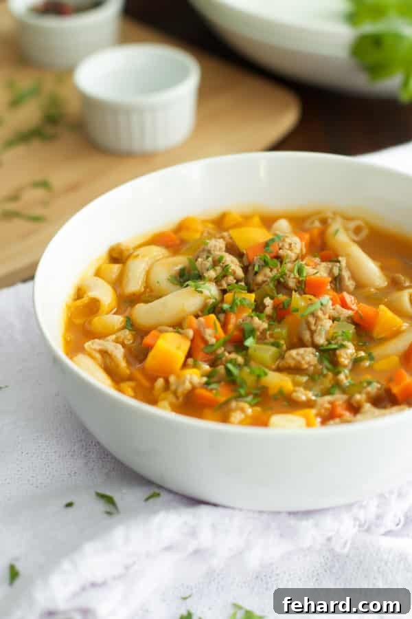 A close-up of Ground Turkey Pasta Soup, featuring tender pasta and savory ground turkey in a rich broth.