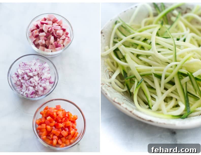 A set of two detailed photographs showing the preparation process: one with neatly diced red onions, bell peppers, and potatoes; the other highlighting fresh, perfectly spiralized zucchini noodles, ready for the soup pot.