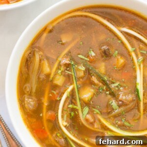 Close up of a bowl of zucchini noodle soup.