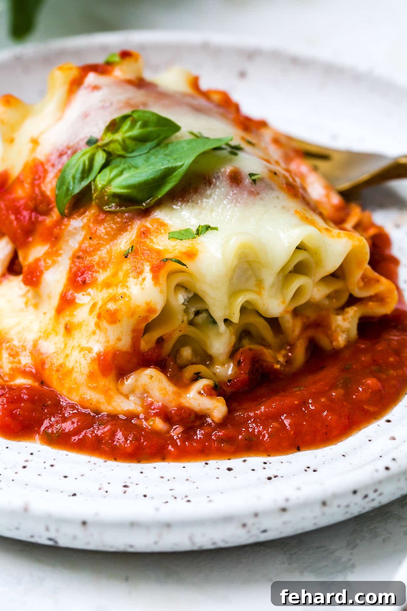 A close-up of a plated lasagna roll-up, beautifully presented and garnished.