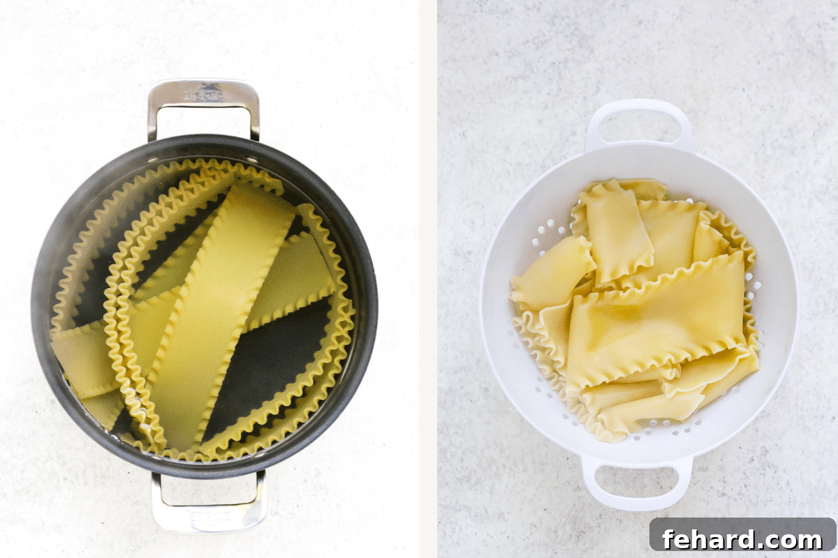 Left image shows lasagna noodles boiling in salted water. Right image shows drained, cool noodles in a colander.