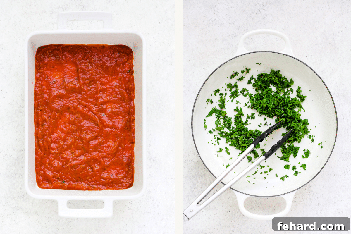Left image shows a baking dish with a thin layer of tomato sauce. Right image shows freshly sautéed kale in a skillet.