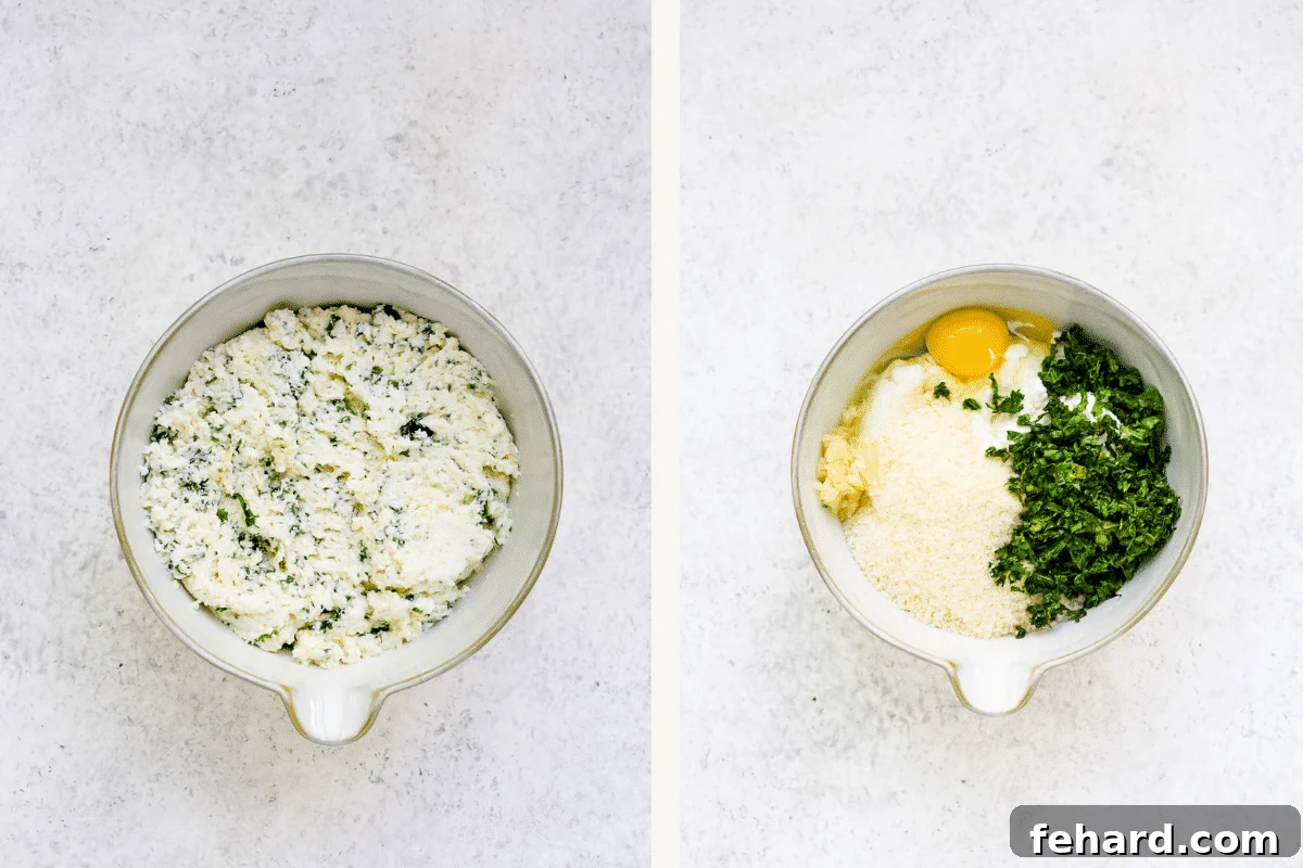 Left image shows the mixed cheese filling. Right image shows individual ingredients for the cheese filling measured into a large bowl before mixing.
