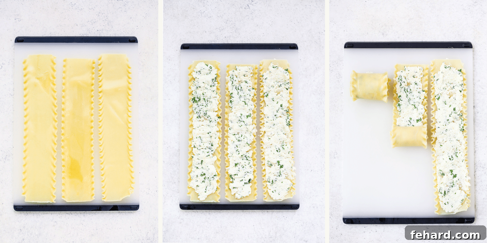 A person demonstrates the process of rolling ricotta cheese mixture into a lasagna noodle.