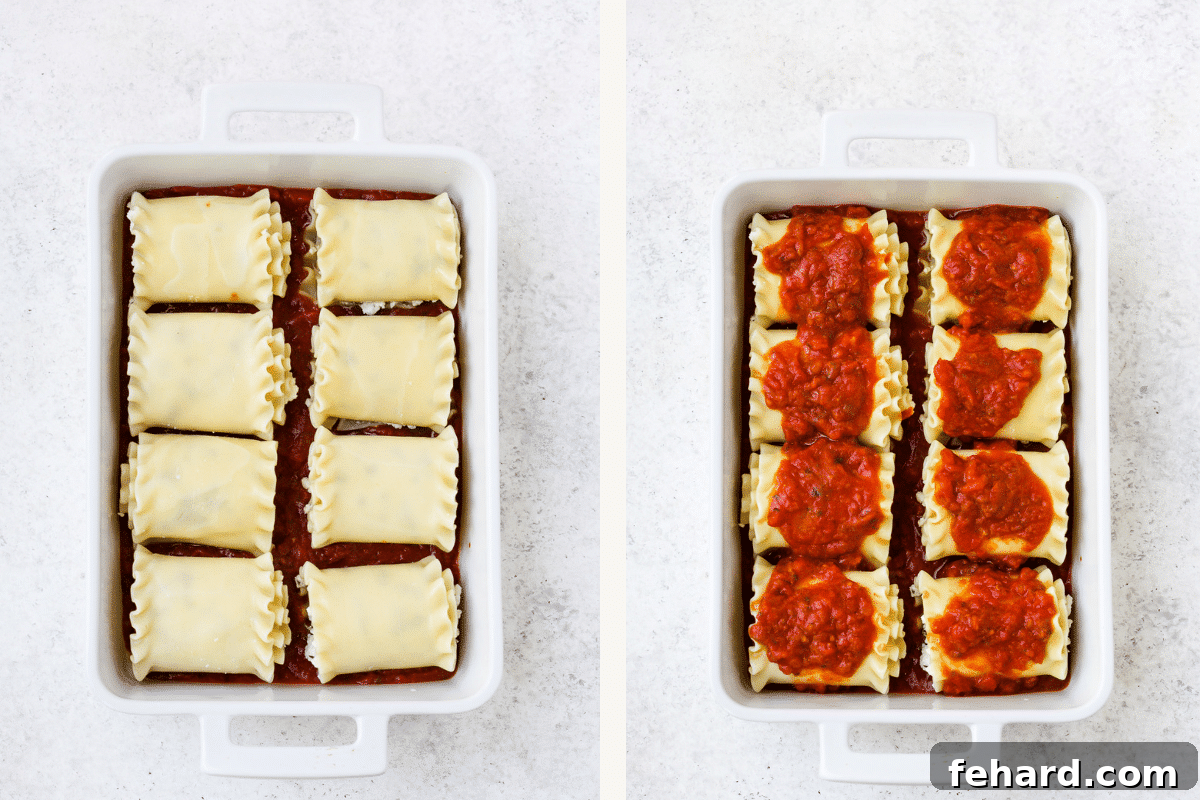 Left image shows lasagna rolls neatly lined in a baking dish. Right image shows lasagna rolls generously topped with sauce and cheese.