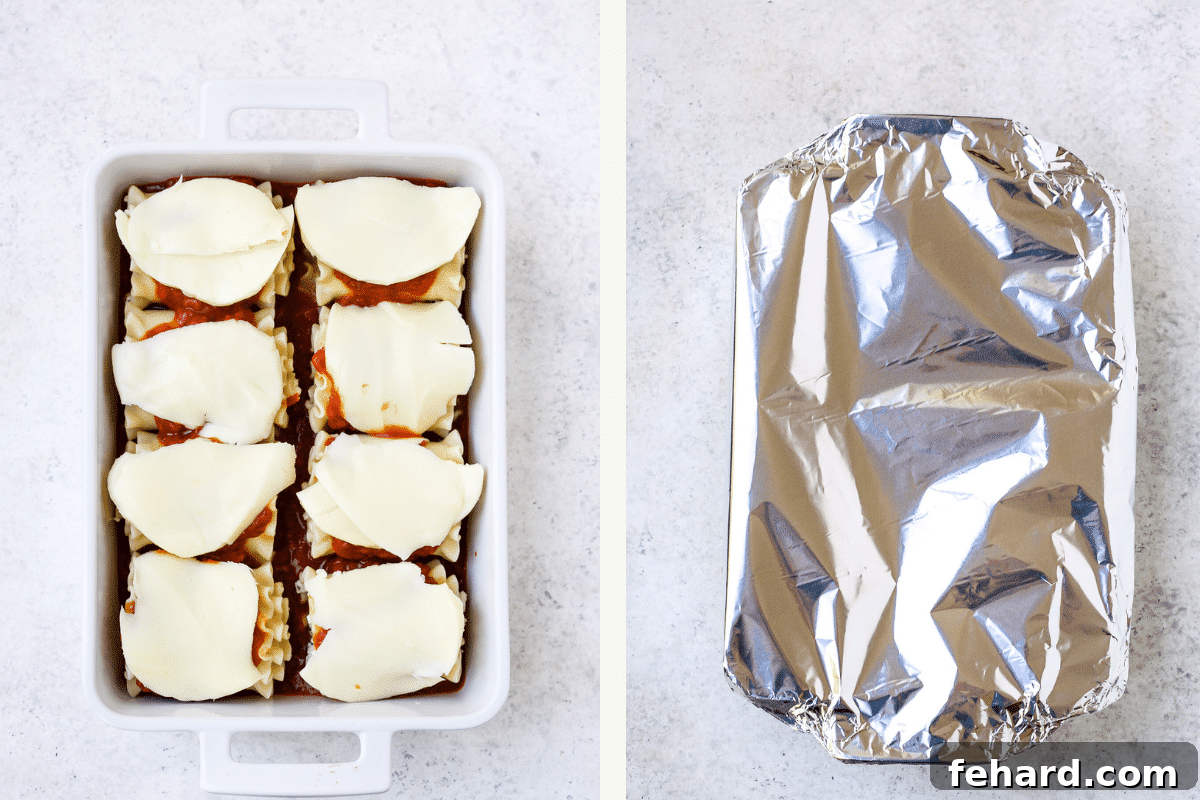 Left image shows lasagna rolls topped with cheese and sauce in a baking dish. Right image shows the baking dish covered with aluminum foil, ready for the oven.
