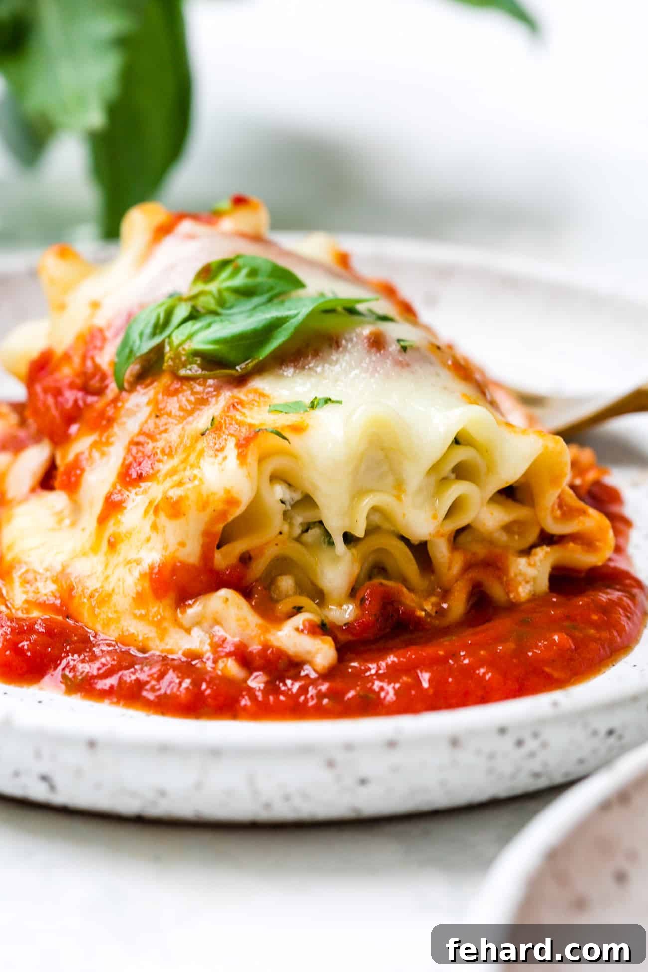 Close-up of a beautifully plated lasagna roll-up, garnished with fresh basil.