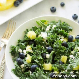 Overhead view of Kale Blueberry Pineapple Salad