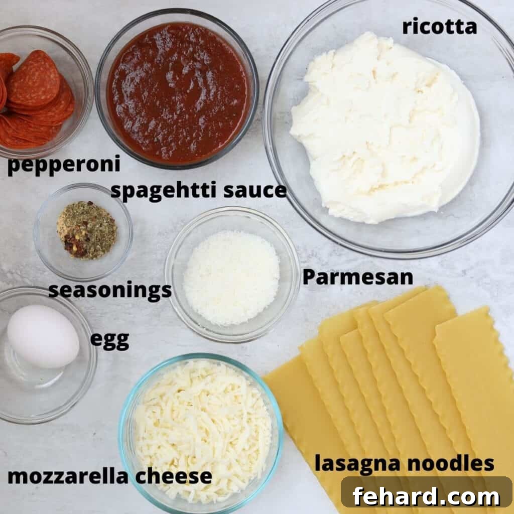 Lasagna Rolls Labeled ingredients for Lasagna Rolls, including noodles, ricotta, sauce, cheese, and various toppings.