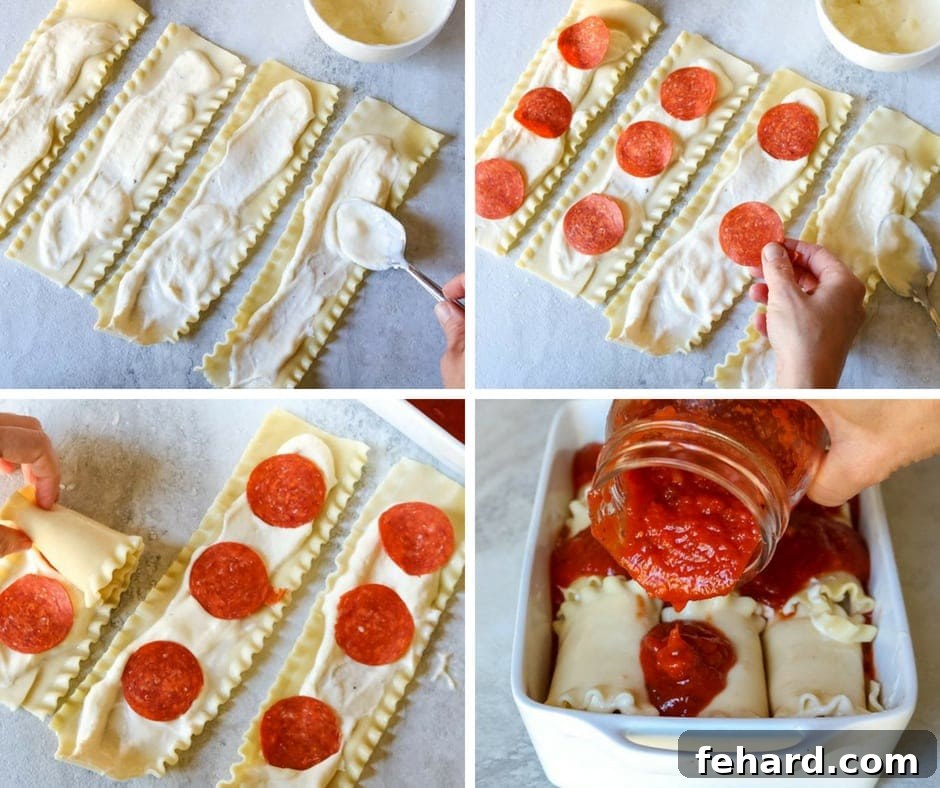 Lasagna Rolls A collage showing the step-by-step process of making Easy Lasagna Roll Ups, from spreading ricotta to rolling and baking.