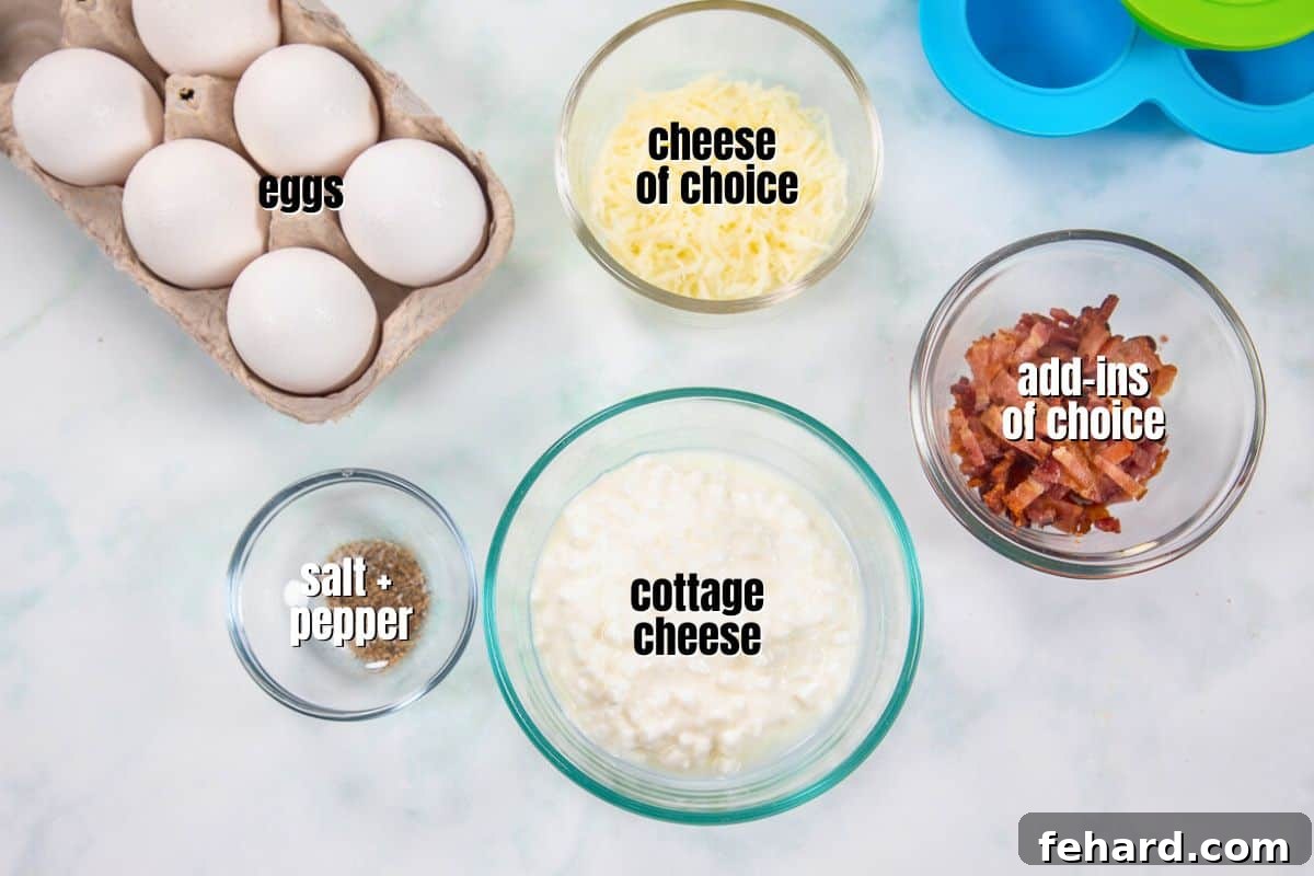 Array of fresh ingredients laid out on a kitchen counter, including eggs, cottage cheese, and various optional fillings, with silicone egg bite molds in the background, ready for making Starbucks copycat egg bites.