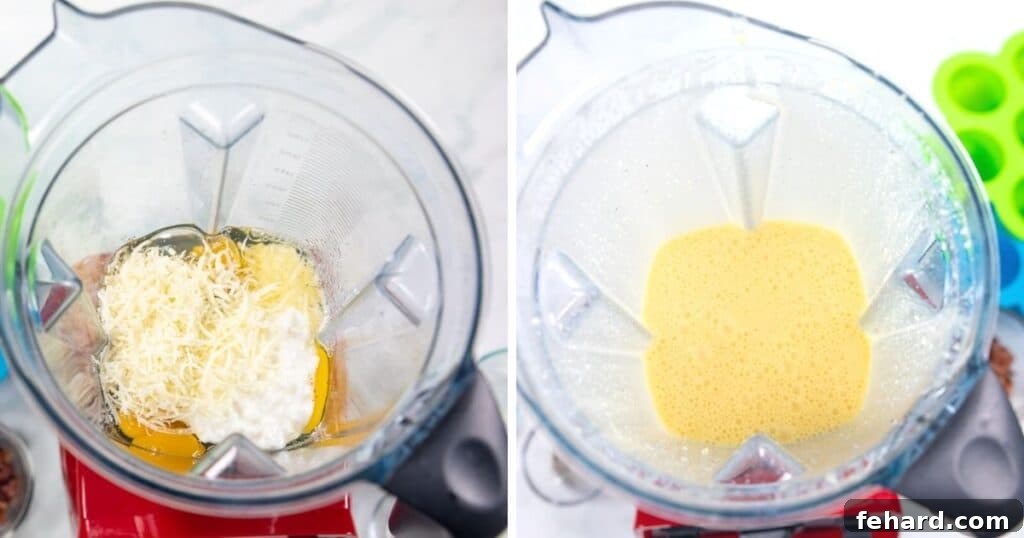 Two images side-by-side: one showing raw egg bite ingredients in a blender, and the second showing the perfectly blended, smooth egg mixture ready for cooking.