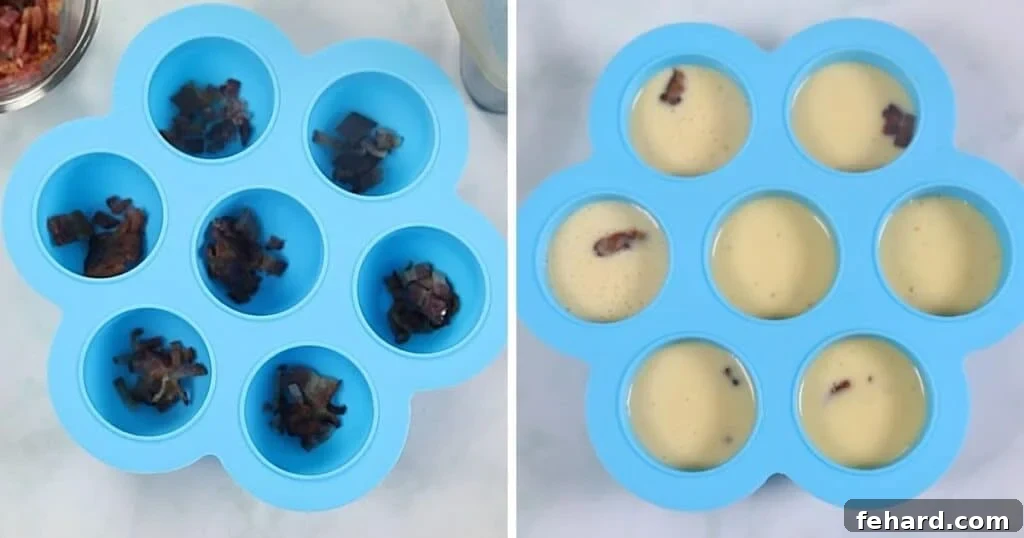 Two silicone egg bite molds; one filled with bacon bits, and the other with egg mixture poured over fillings, ready for cooking.