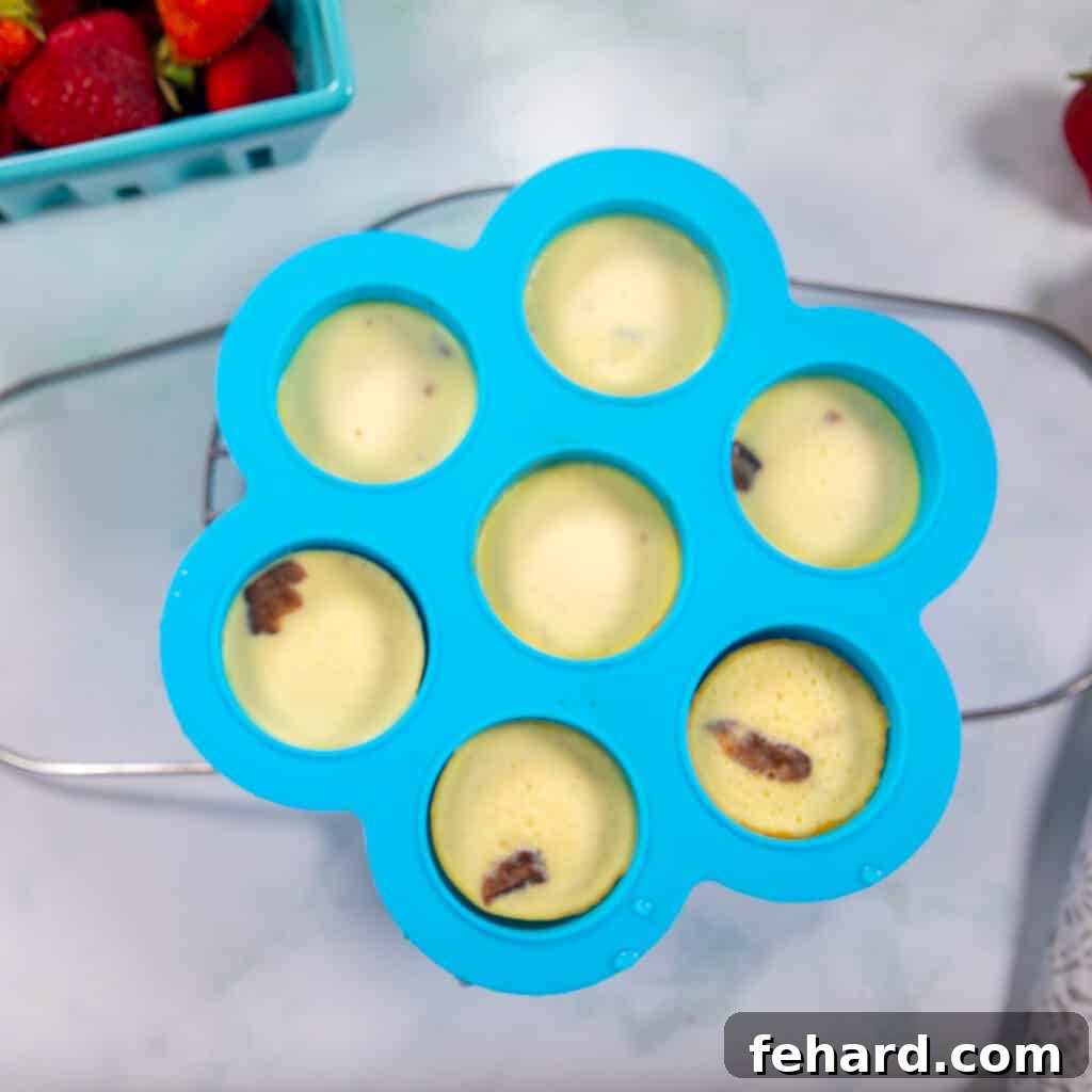 Perfectly cooked egg bites resting in a blue silicone mold, just removed from the Instant Pot.