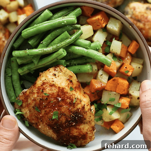 Golden Roasted Chicken and Garden Vegetables 11 overhead view of a bowl containing chicken and vegetables