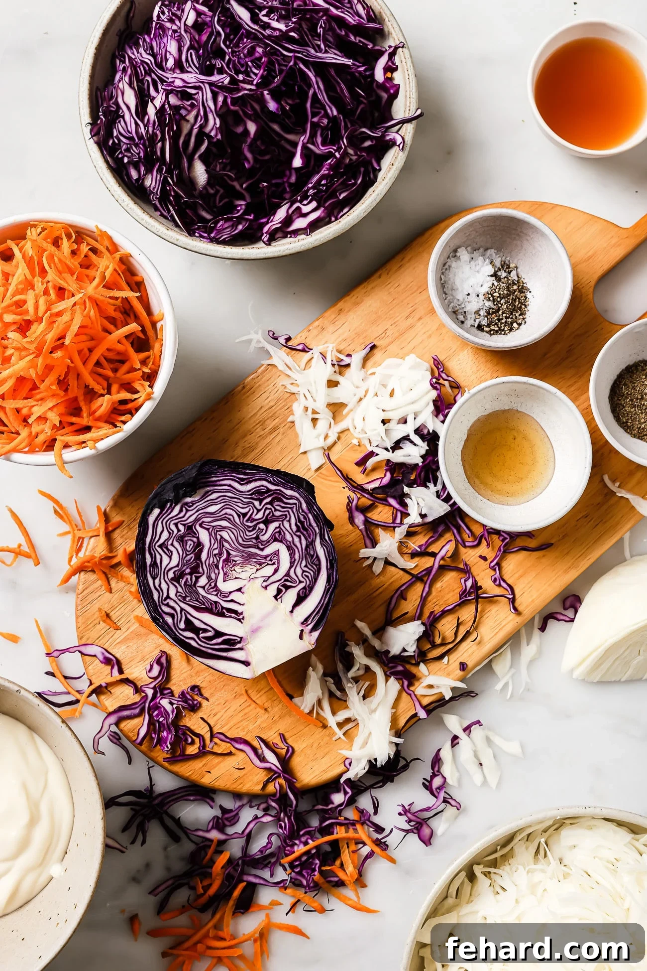 Crisp and Creamy Coleslaw 4 ingredients on the marble countertop to make coleslaw salad recipe