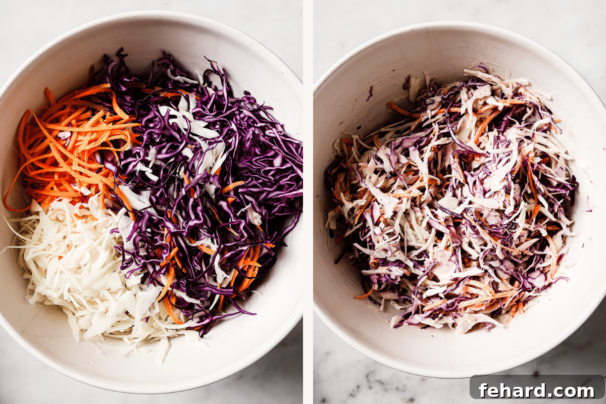 Crisp and Creamy Coleslaw 6 white bowl with thinly sliced cabbage.