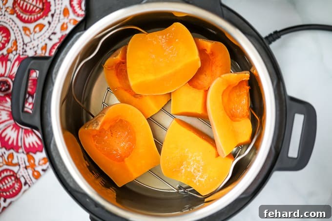Cut butternut squash arranged on an inner rack inside an Instant Pot, ready for pressure cooking.