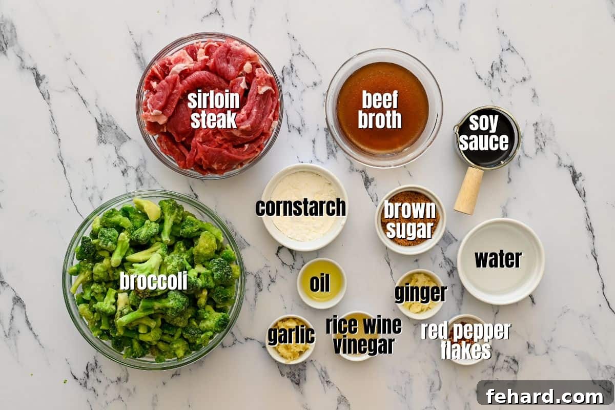Beef and Broccoli Instant Pot Various fresh ingredients for Instant Pot Beef and Broccoli, including sliced steak, broccoli florets, fresh ginger, garlic, soy sauce, and brown sugar, arranged on a kitchen counter.