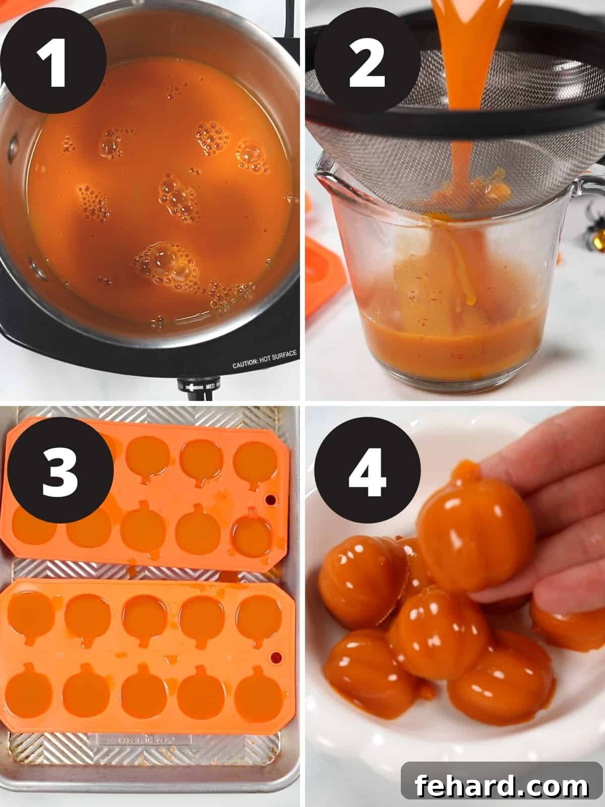 A step-by-step visual guide showing the process of mixing juices and gelatin, pouring into pumpkin molds, and the final set gummies.