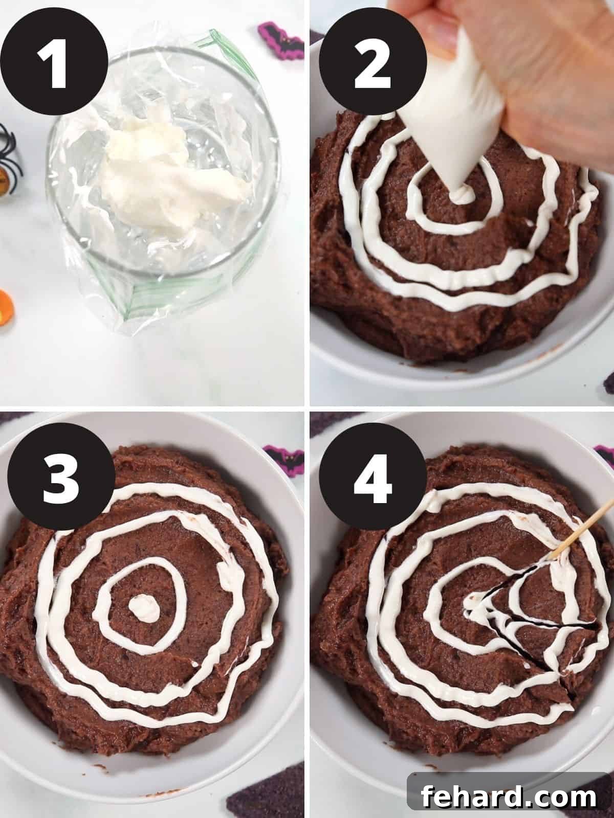 A step-by-step visual guide showing how to prepare the black bean dip, pipe sour cream circles, and create the spiderweb design with a toothpick.