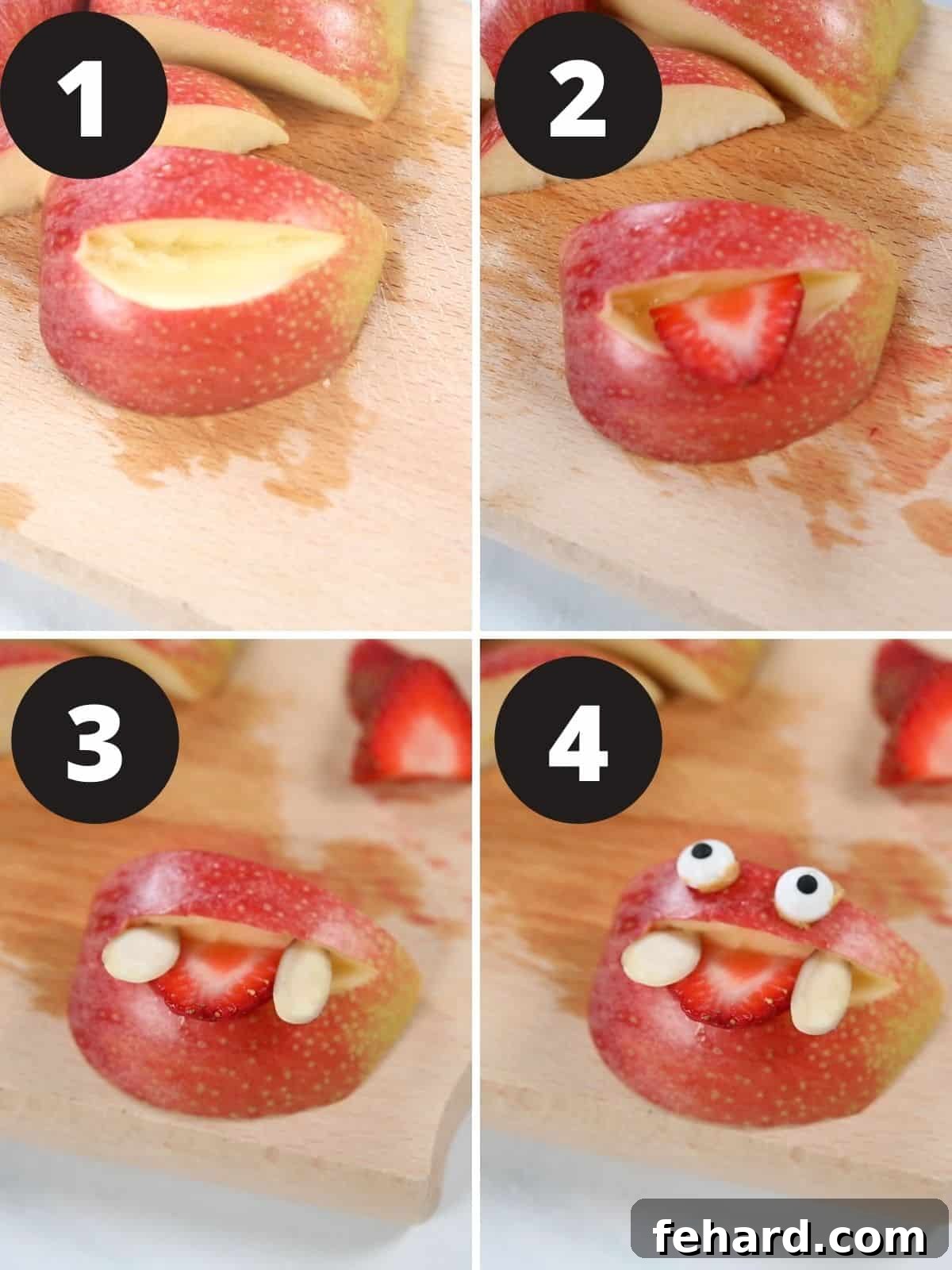 A visual collage illustrating the steps to transform apple wedges into monster faces, including carving, adding fruit, and placing edible eyes.