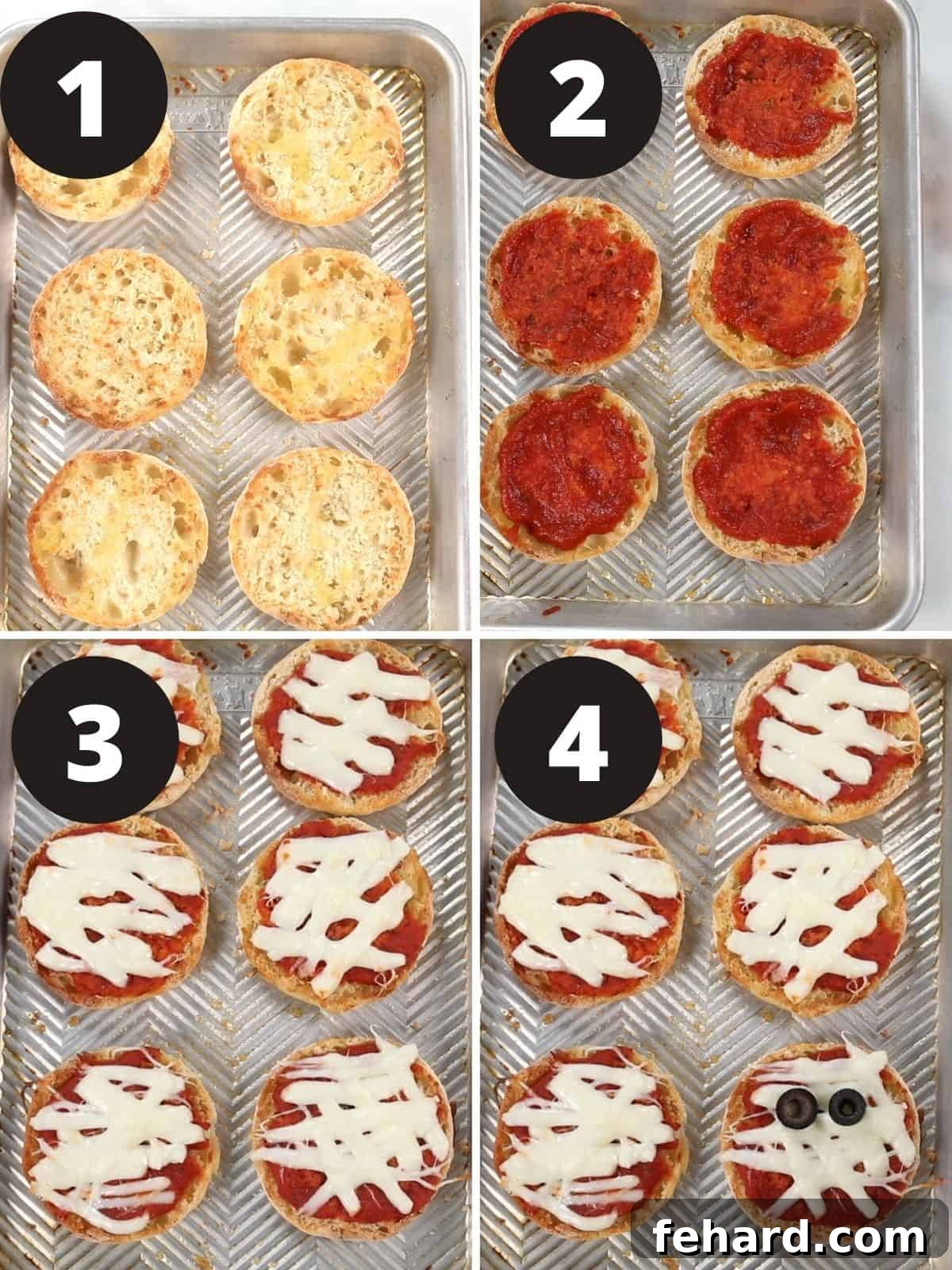 A collage illustrating the process of making mummy pizzas, from preparing the English muffins to adding cheese 'bandages' and olive eyes.