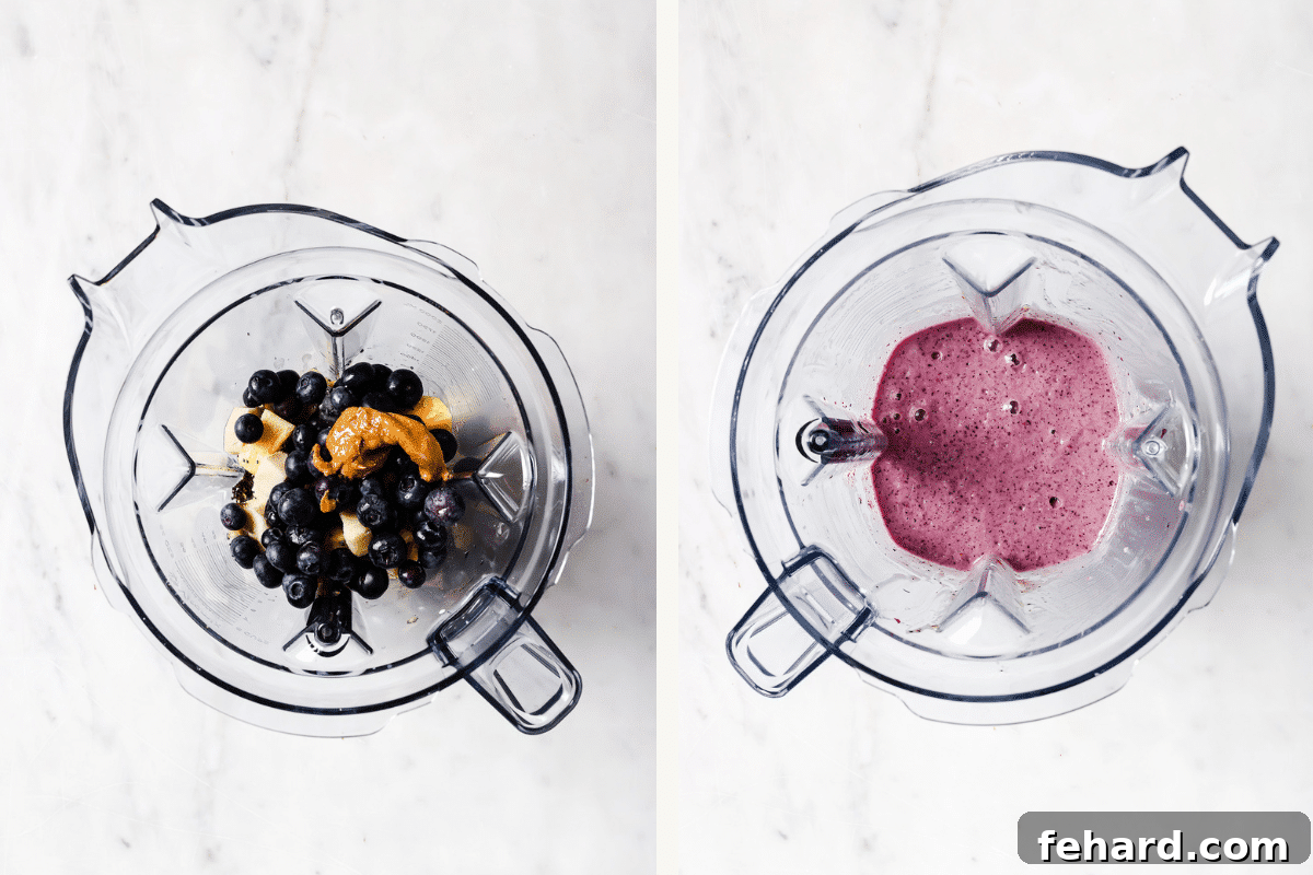 Left: ingredients for a blueberry banana smoothie in a blender. Right: Smoothie ingredients blended together, creating a smooth, purple beverage.
