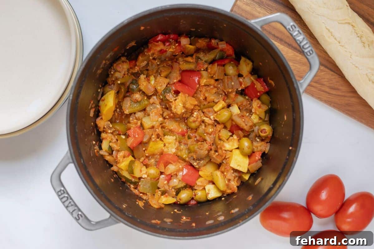 Ratatouille Stew in a large stock pan after being cooked down and simmered until thick and rich.