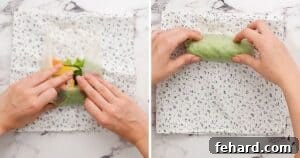 Vibrant Veggie Wraps 5 Side by side photo of how to roll spring roll, showing folding and rolling steps.