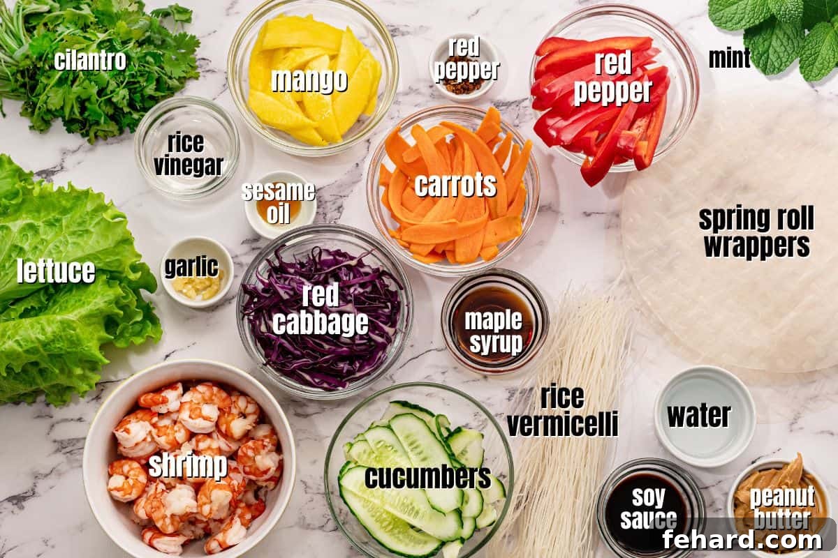 Vietnamese Fresh Spring Roll Recipe Ingredients Ingredients for Spring Rolls and Peanut Dipping Sauce labeled on counter, showing fresh vegetables, rice noodles, shrimp, and sauce components.
