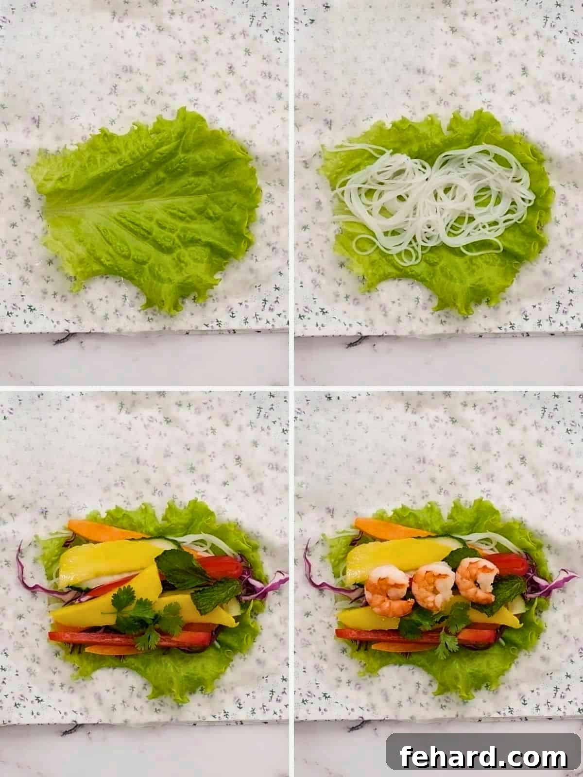 Assembling Fresh Spring Rolls: Layering Ingredients Collage of four photos showing adding lettuce, rice noodles, veggies, and shrimp to spring roll wrapper on a tea towel, ready for rolling.