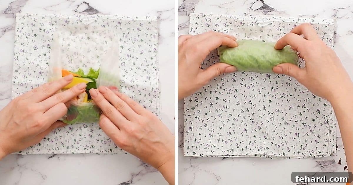 How to Roll Homemade Spring Rolls Side by side photo demonstrating the step-by-step process of how to roll a fresh spring roll from start to finish.