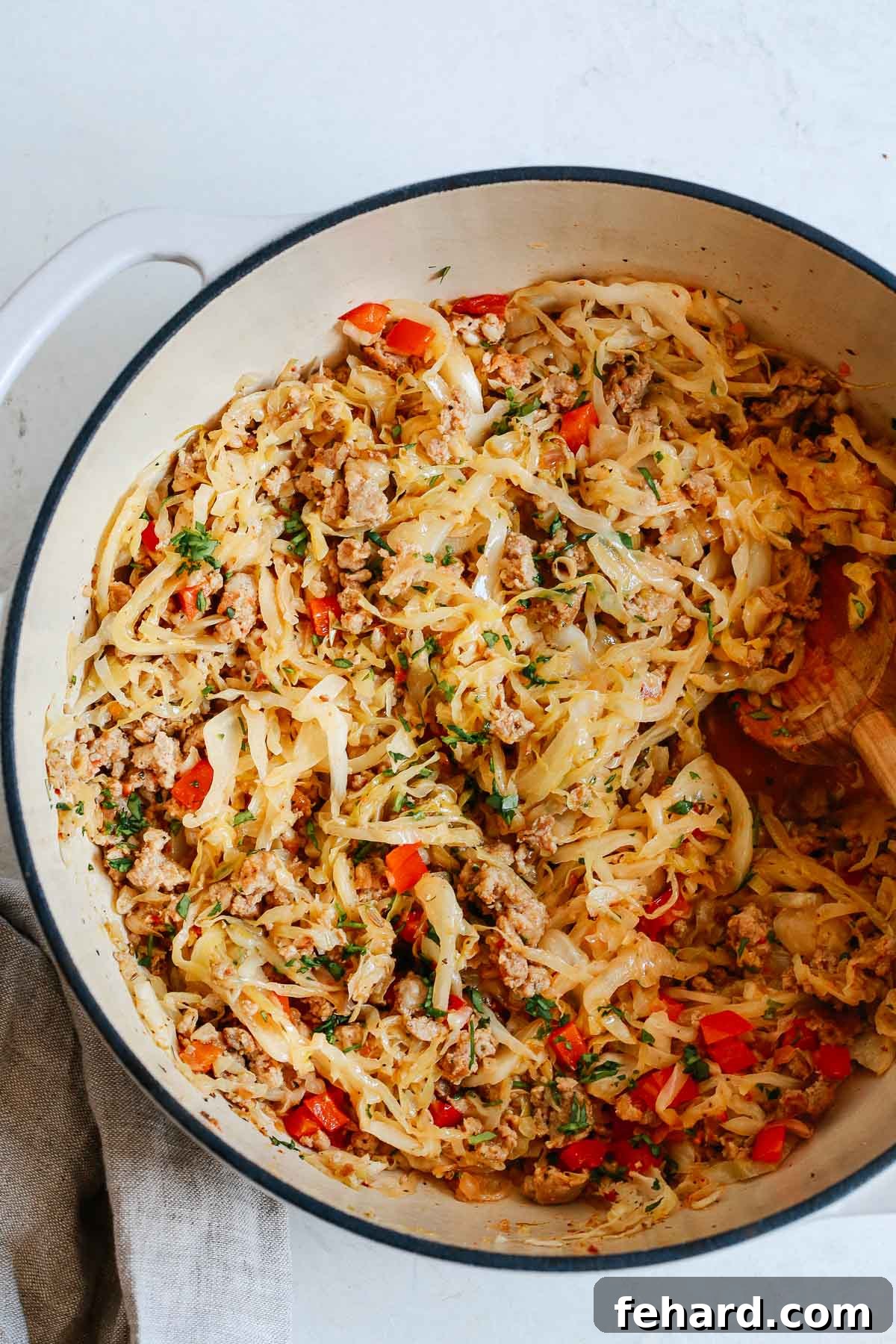 Hearty Cabbage and Sausage Skillet 2 overhead photo of one pan cabbage and sausage
